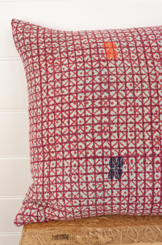 Vintage kantha quilt blockprinted square cushion in red and white checks.