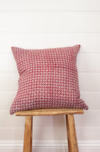Load image into Gallery viewer, Vintage kantha quilt blockprinted square cushion in red and white checks.