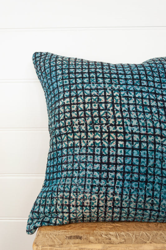 Vintage kantha quilt blockprinted square cushion in blue, green and black check.