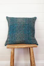 Load image into Gallery viewer, Vintage kantha quilt blockprinted square cushion in blue, green and black check.