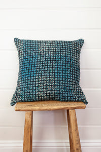 Vintage kantha quilt blockprinted square cushion in blue, green and black check.