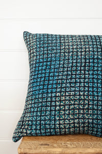 Vintage kantha quilt blockprinted square cushion in blue, green and black check.