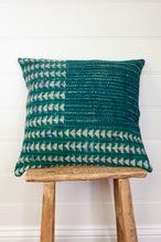 Load image into Gallery viewer, Vintage kantha quilt blockprinted square cushion in blue green stripes and arrows with original pink embroidery.