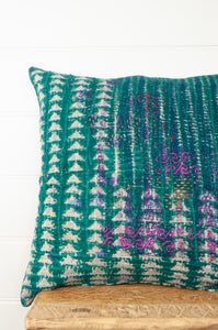 Vintage kantha quilt blockprinted square cushion in blue green stripes and arrows with original pink embroidery.