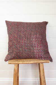 Vintage kantha quilt blockprinted square cushion in vintage red checks..