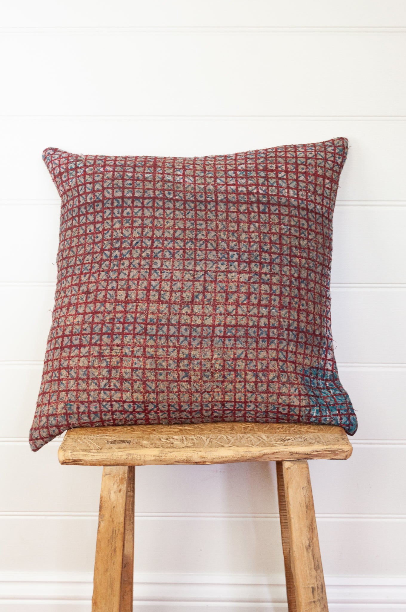 Vintage kantha quilt blockprinted square cushion in vintage red checks..