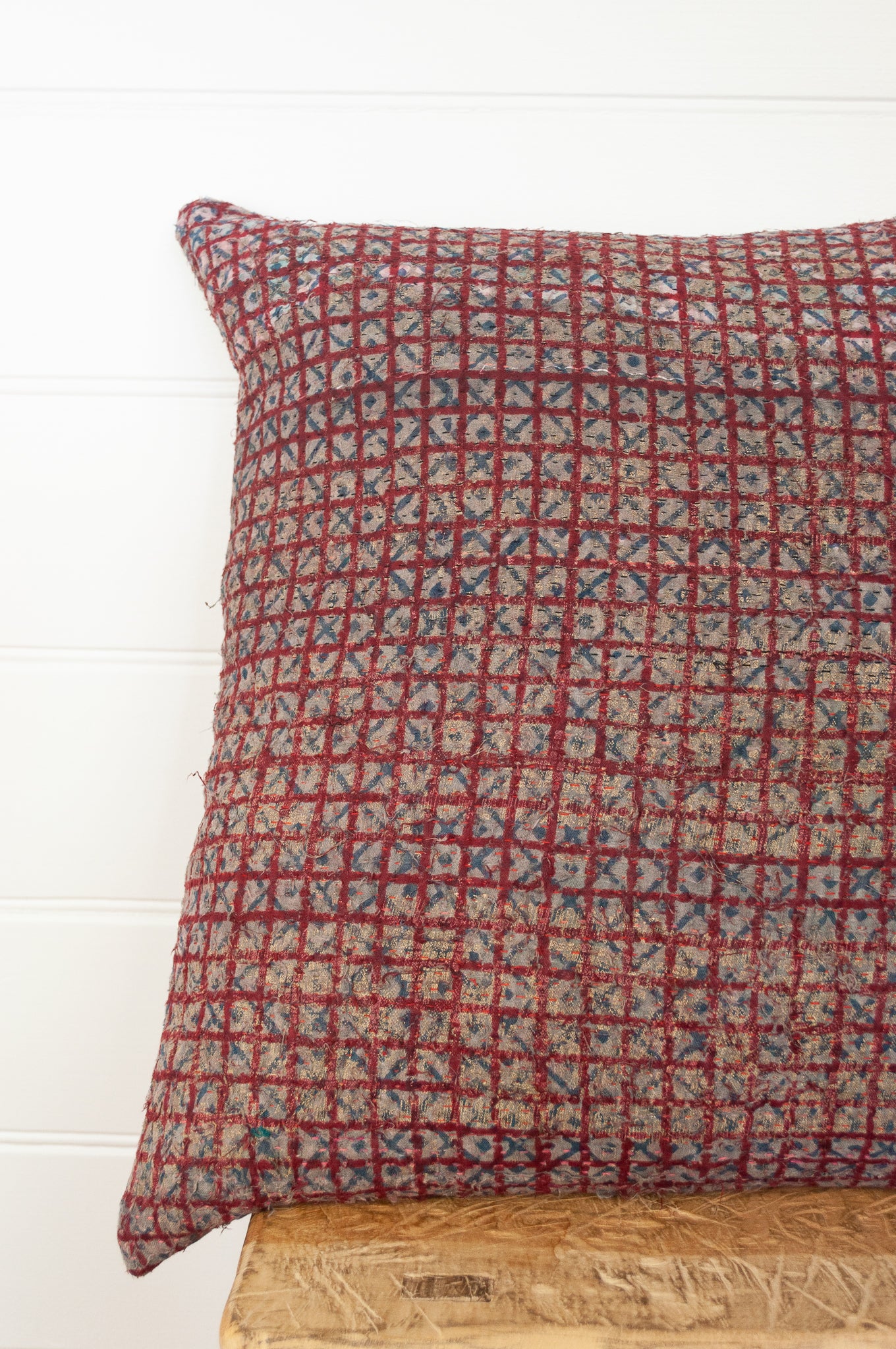 Vintage kantha quilt blockprinted square cushion in vintage red checks..