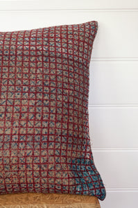 Vintage kantha quilt blockprinted square cushion in vintage red checks..