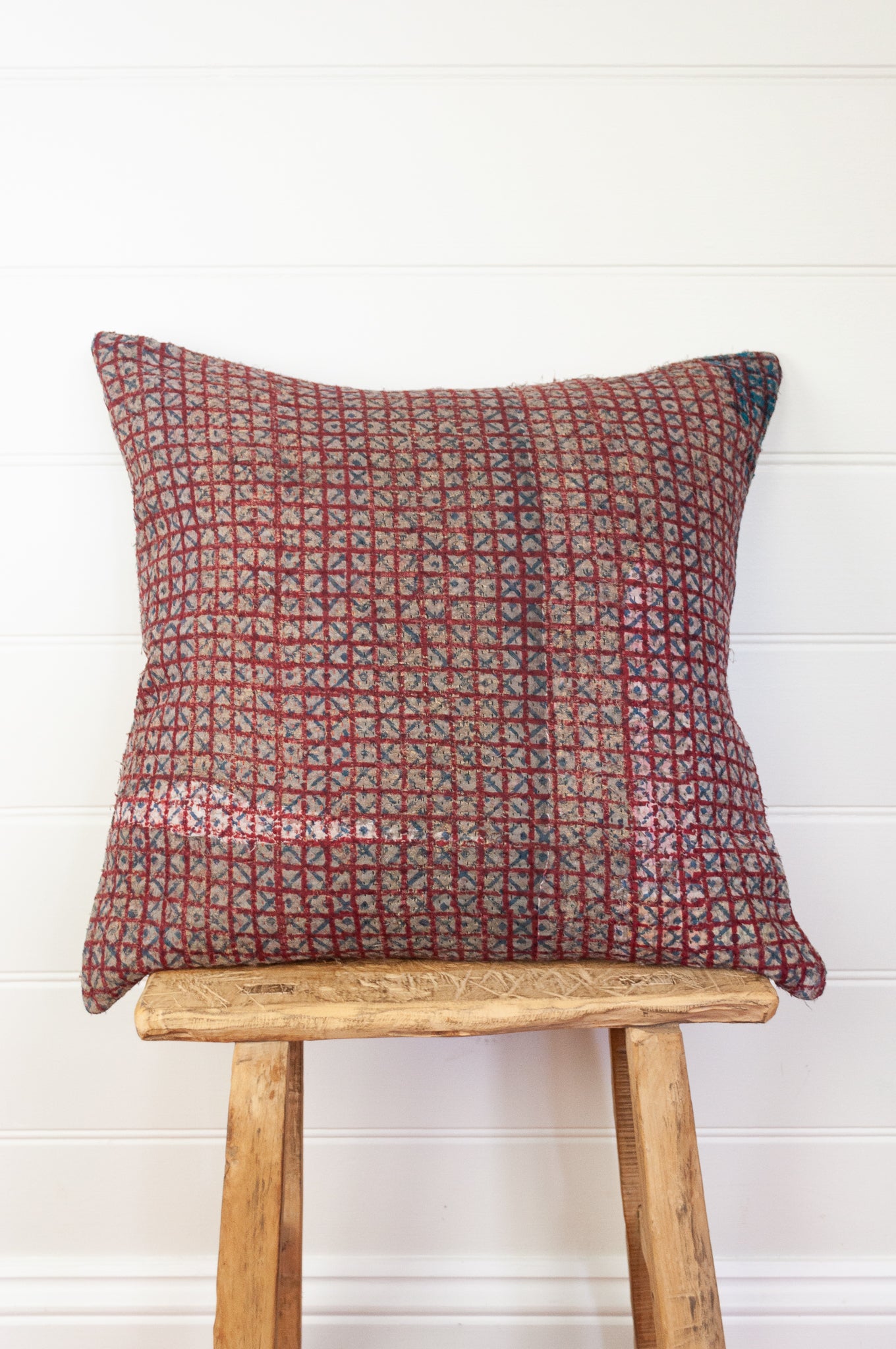 Vintage kantha quilt blockprinted square cushion in vintage red checks..
