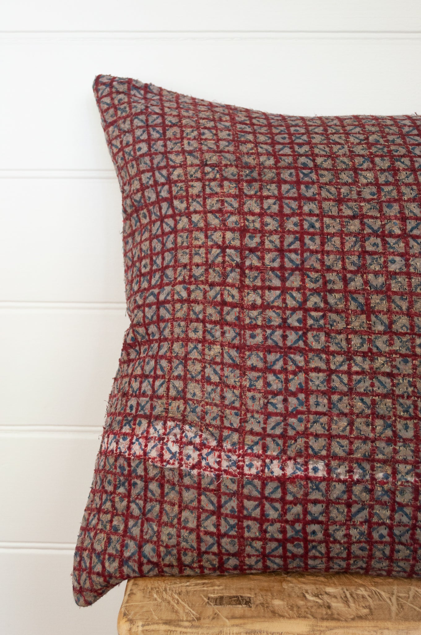 Vintage kantha quilt blockprinted square cushion in vintage red checks..