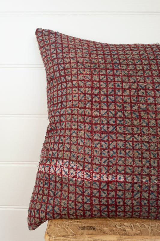 Vintage kantha quilt blockprinted square cushion in vintage red checks..