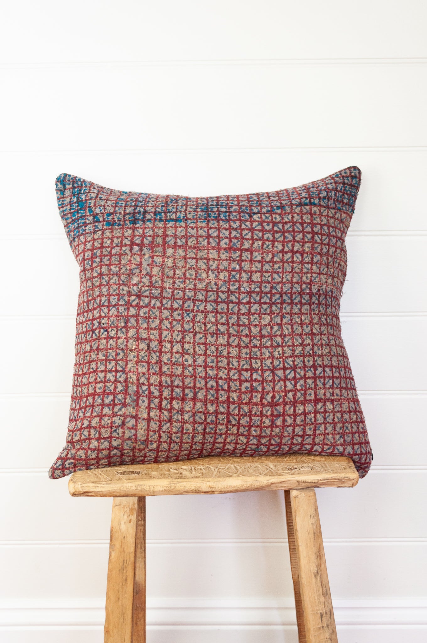 Vintage kantha quilt blockprinted square cushion in vintage red checks..