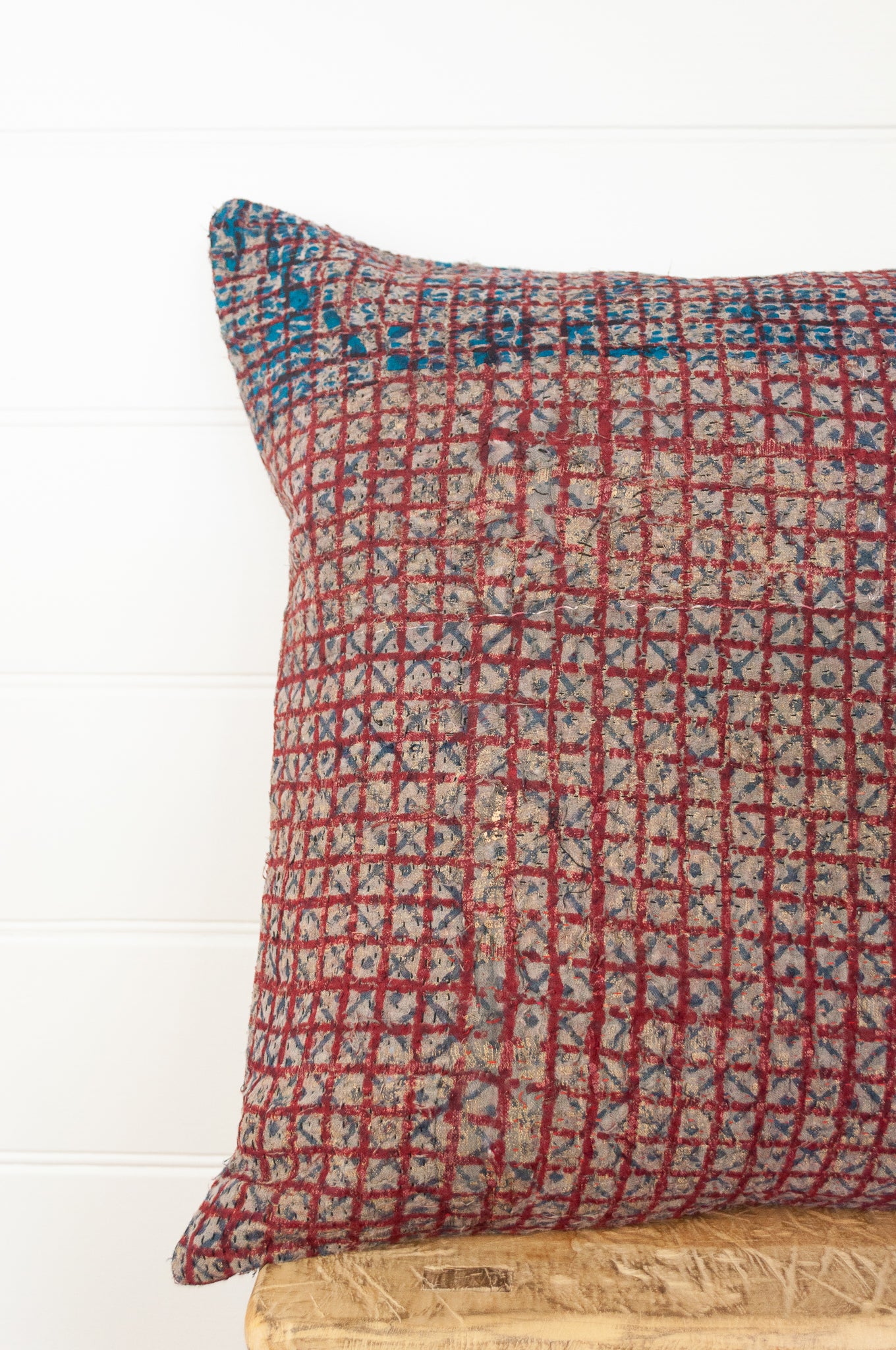 Vintage kantha quilt blockprinted square cushion in vintage red checks..