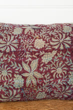 Load image into Gallery viewer, Vintage kantha oblong rectangular bolster cushion blockprinted with floral design in  deep burgundy red with touches of indigo.