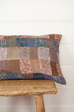 Load image into Gallery viewer, Vintage silk patchwork kantha bolster cushion is in vintage florals in shades of dusky rose, coffee, lavender and denim.