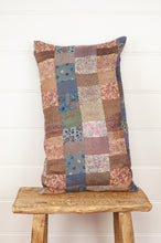 Load image into Gallery viewer, Vintage silk patchwork kantha bolster cushion is in vintage florals in shades of dusky rose, coffee, lavender and denim.