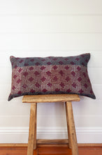 Load image into Gallery viewer, Vintage kantha oblong rectangular bolster cushion blockprinted with check design in deep burgundy red, and stripes of indigo.