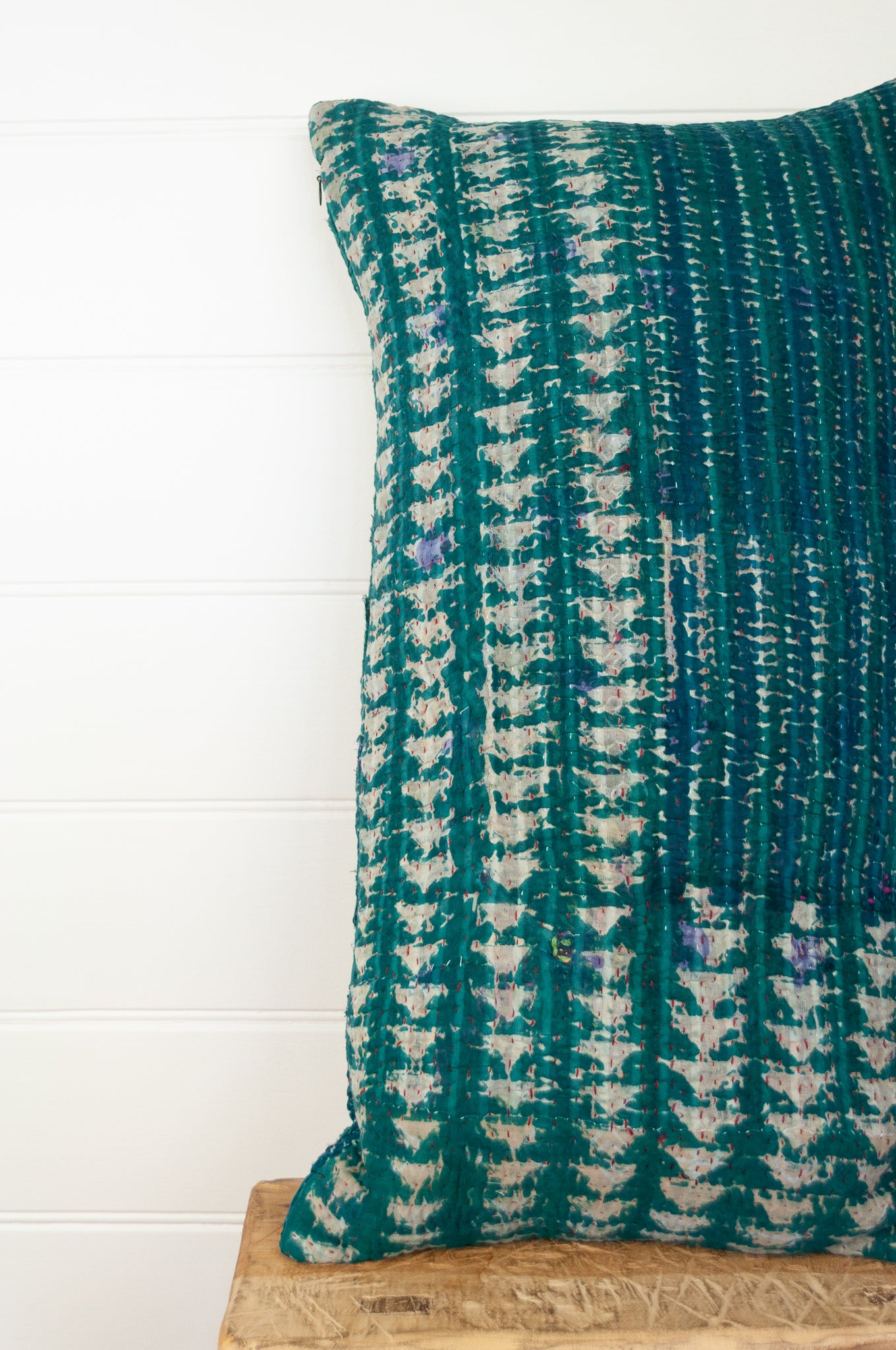 Vintage kantha oblong rectangular bolster cushion blockprinted with arrow and stripe design in deep blue green.