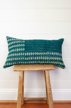 Load image into Gallery viewer, Vintage kantha oblong rectangular bolster cushion blockprinted with arrow and stripe design in deep blue green.