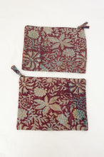 Load image into Gallery viewer, Zippered cotton pouches made from vintage kantha quilt remnants in burgundy red floral blockprinted design.