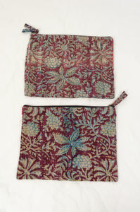 Zippered cotton pouches made from vintage kantha quilt remnants in burgundy red floral blockprinted design.