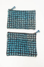 Load image into Gallery viewer, Zippered cotton pouches made from vintage kantha quilt remnants in blue, green and black blockprinted design.