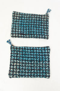 Zippered cotton pouches made from vintage kantha quilt remnants in blue, green and black blockprinted design.
