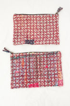 Load image into Gallery viewer, Zippered cotton pouches made from vintage kantha quilt remnants in red and white check blockprinted design.