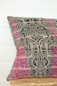 vintage kantha cushion has pink and white stripes with a black and white paisley