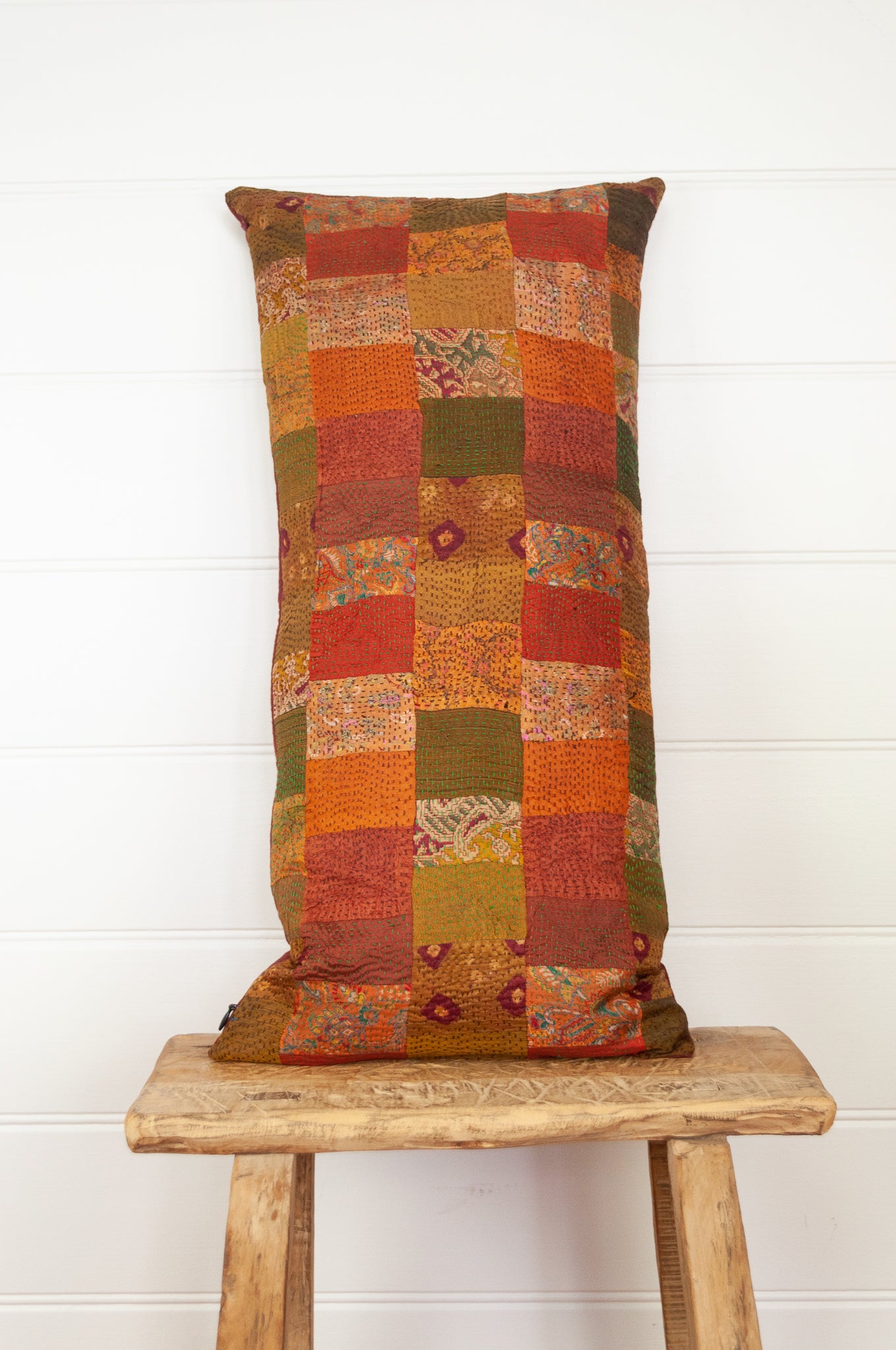 Vintage silk patchwork autumn shades of gold tangerine olive and russet.