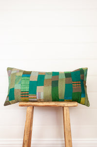 Vintage silk patchwork shades of green, plains with splashes of check.