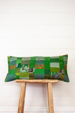Load image into Gallery viewer, Vintage silk patchwork shades of green, with dashes of ikat..