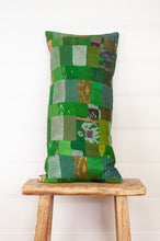 Load image into Gallery viewer, Vintage silk patchwork shades of green, with dashes of ikat..