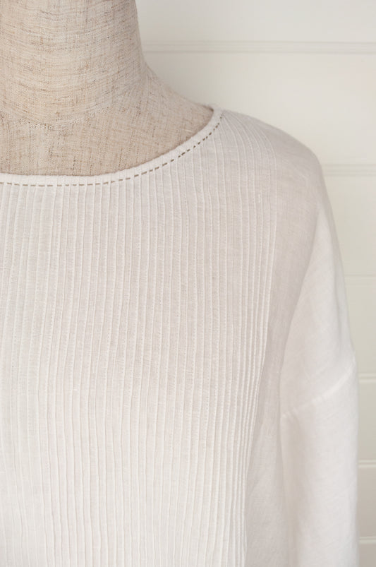 Dve Collection crimson white linen Anisha top, one size, pintucked bodice, three quarter gathered sleeves, hand stitched details.