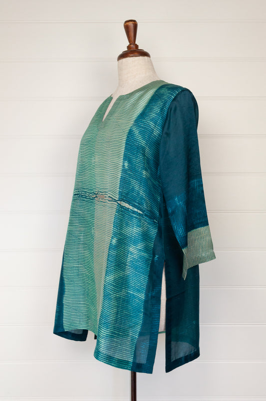 Juniper Hearth silk shibori kurta in emerald green and turquoise.