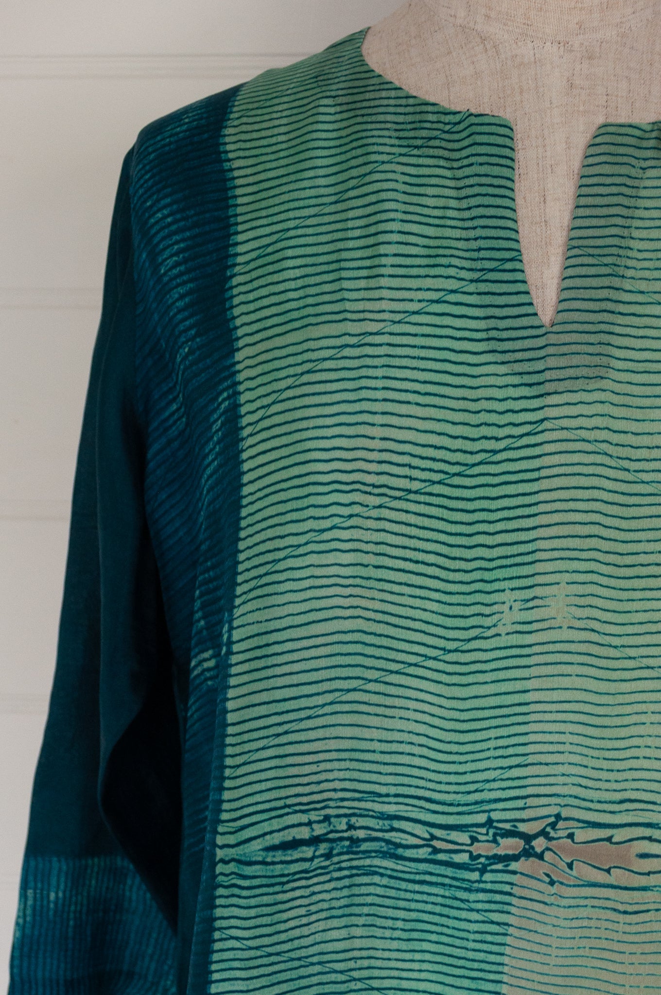 Juniper Hearth silk shibori kurta in emerald green and turquoise.