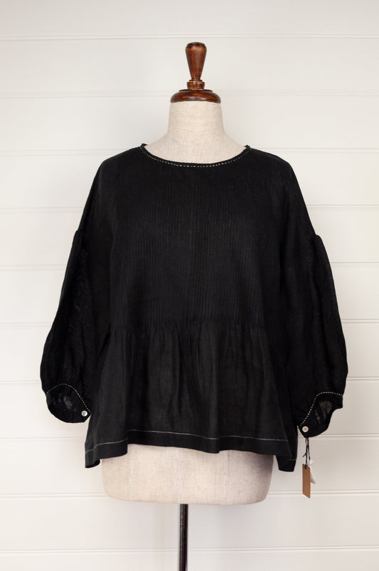 Dve Collection black linen Anisha top, one size, pintucked bodice, three quarter gathered sleeves, hand stitched details.