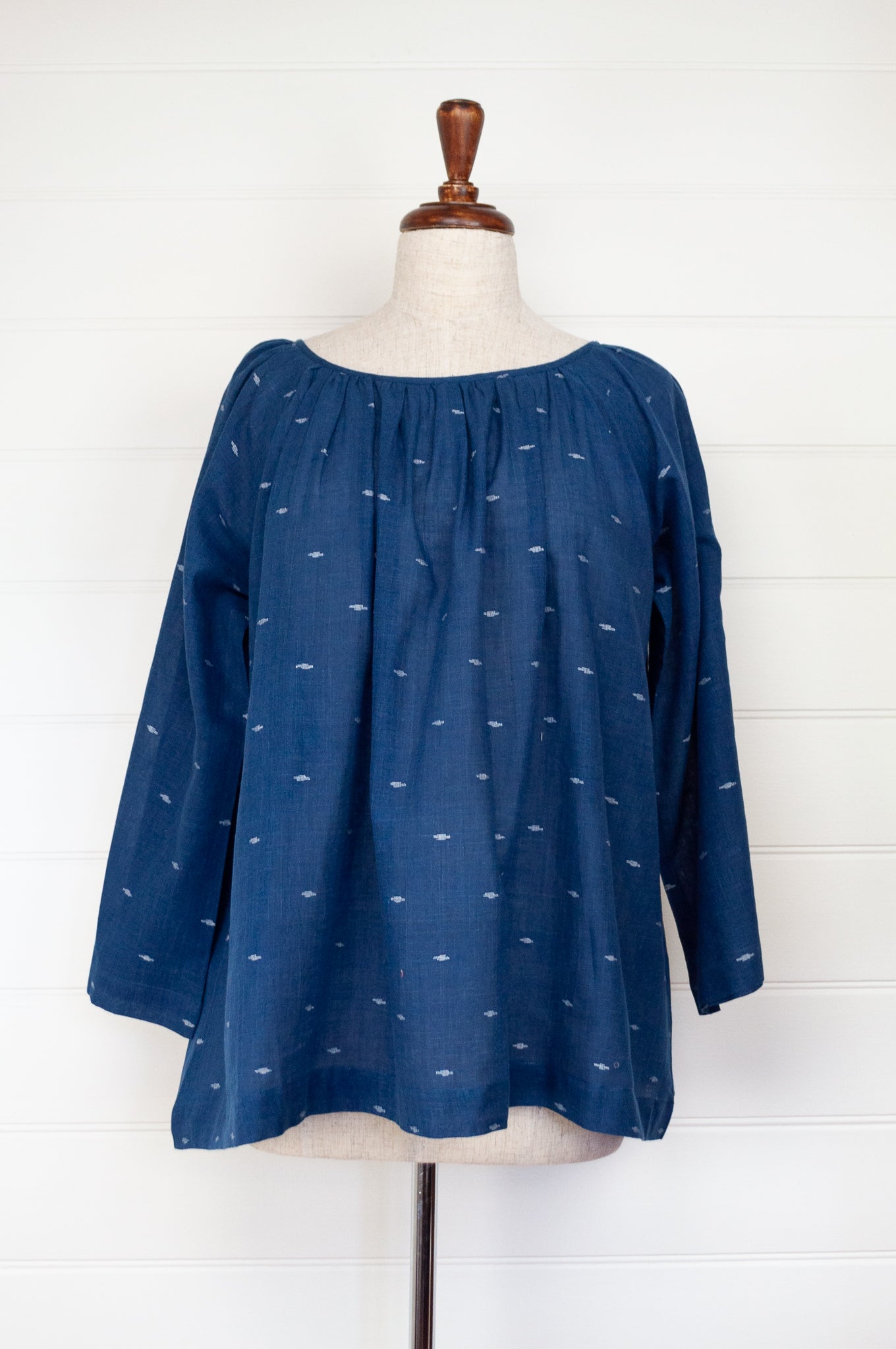 Juniper Hearth Yuka top, Japanese style smock top in handloom handwoven indigo dyed jamdani cotton, gathered neck, long sleeve, loose fitting one size smock.