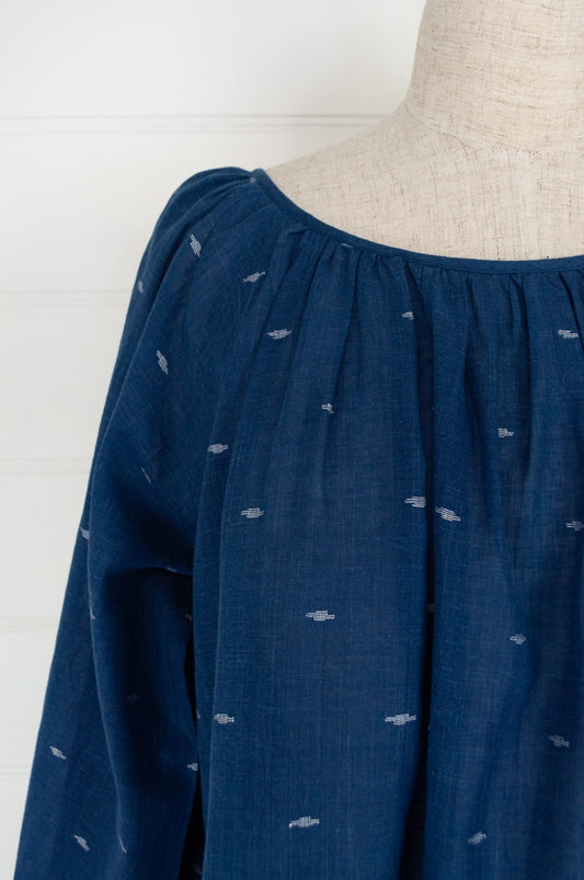 Juniper Hearth Yuka top, Japanese style smock top in handloom handwoven indigo dyed jamdani cotton, gathered neck, long sleeve, loose fitting one size smock.