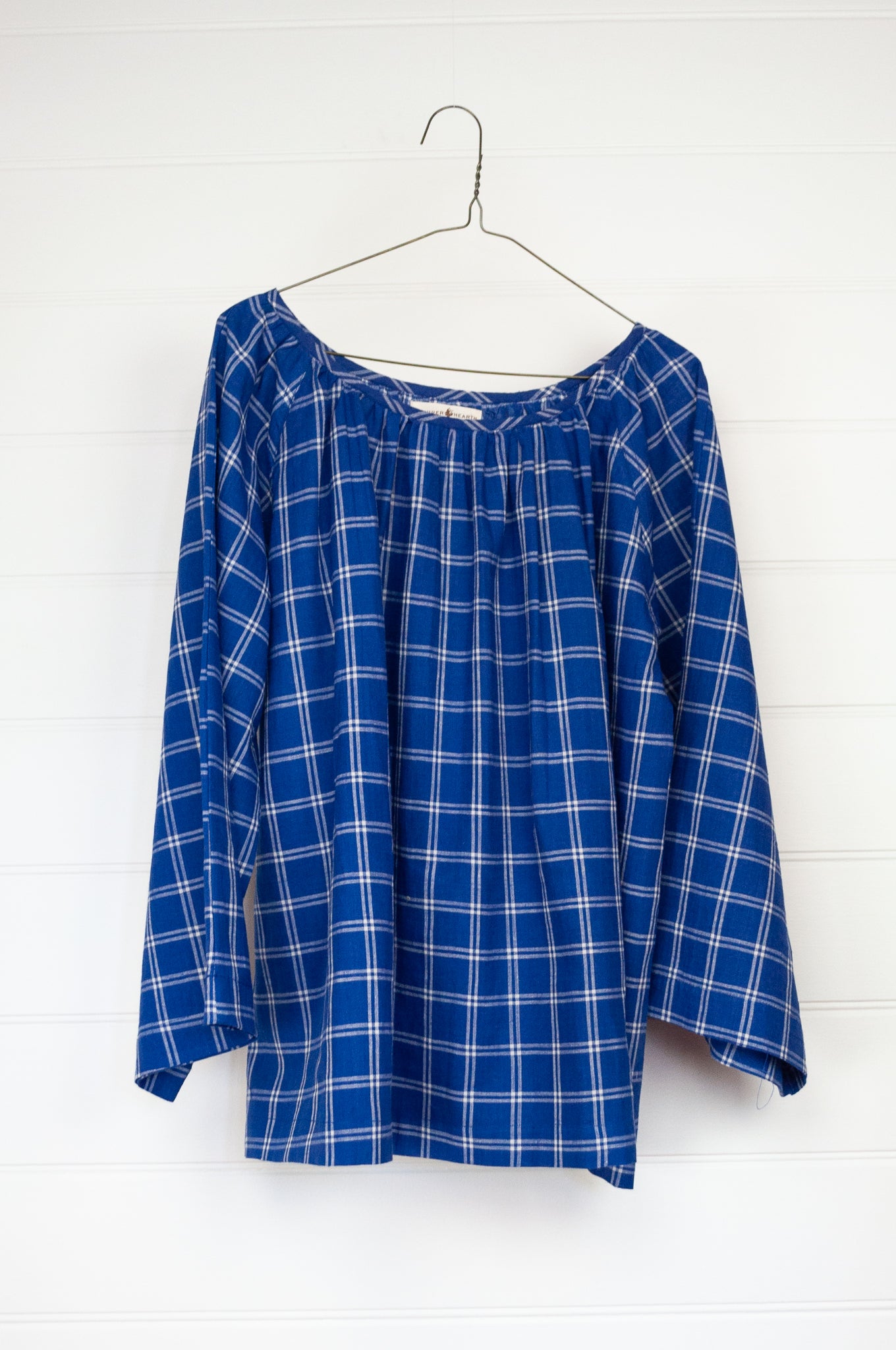 Juniper Hearth Yuka top, Japanese style smock top in handloom handwoven windowpane check blue and white cotton, gathered neck, long sleeve, loose fitting one size smock.