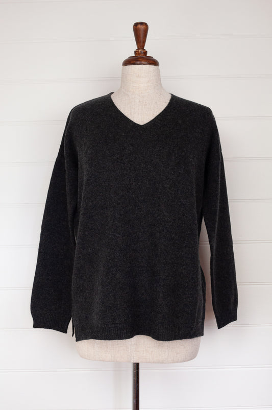 Juniper Hearth classic V neck sweater in pure cashmere, dark charcoal grey, easy fit with side slits.