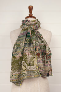 Létol made in France organic cotton jacquard woven scarf in Anemone, underwater scenes in shades of olive and algae green.