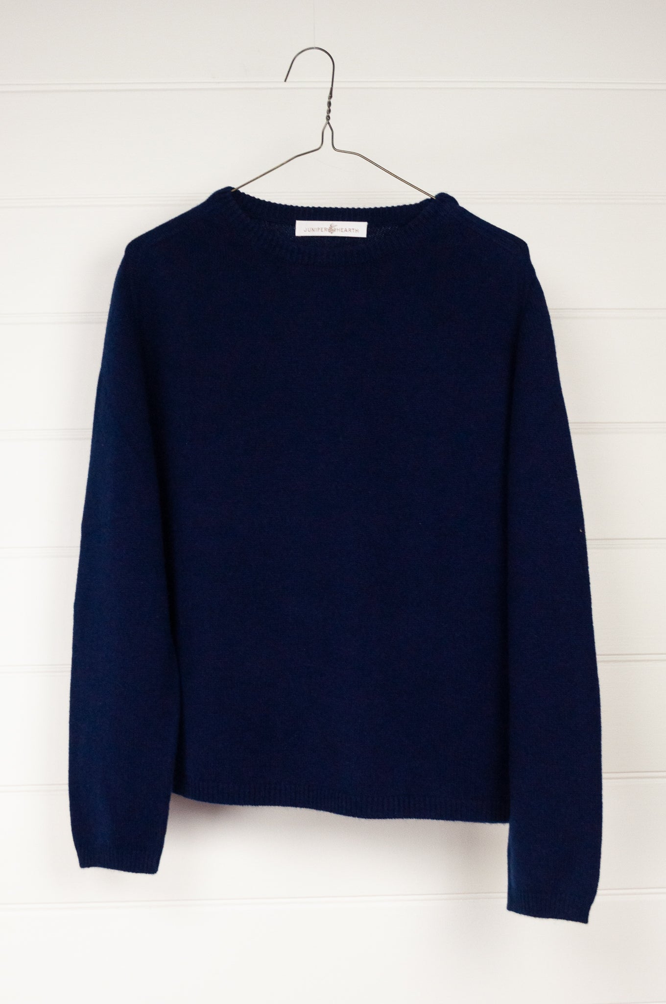 Juniper Hearth pure cashmere classic crew neck sweater in midnight navy blue.
