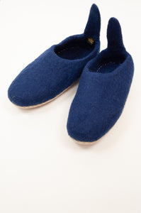 Navy blue wool felt slippers, pull on style with tab, fair trade and ethically made in Nepal.