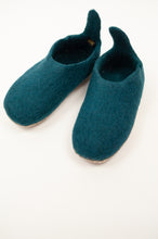 Load image into Gallery viewer, Teal turquoise wool felt slippers, pull on style with tab, fair trade and ethically made in Nepal.