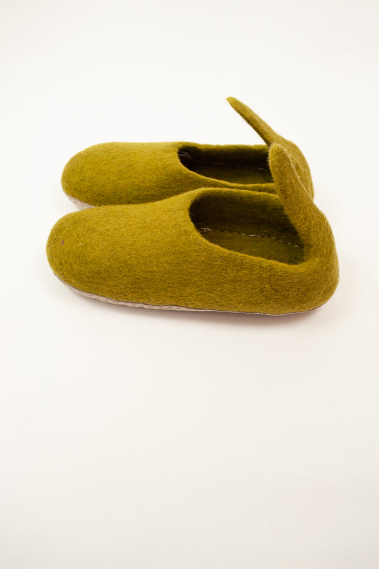 Olive green wool felt slippers, pull on style with tab, fair trade and ethically made in Nepal.