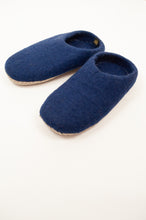 Load image into Gallery viewer, Navy blue wool felt slippers, slip on style, fair trade and ethically made in Nepal.