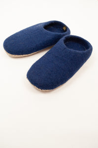 Navy blue wool felt slippers, slip on style, fair trade and ethically made in Nepal.
