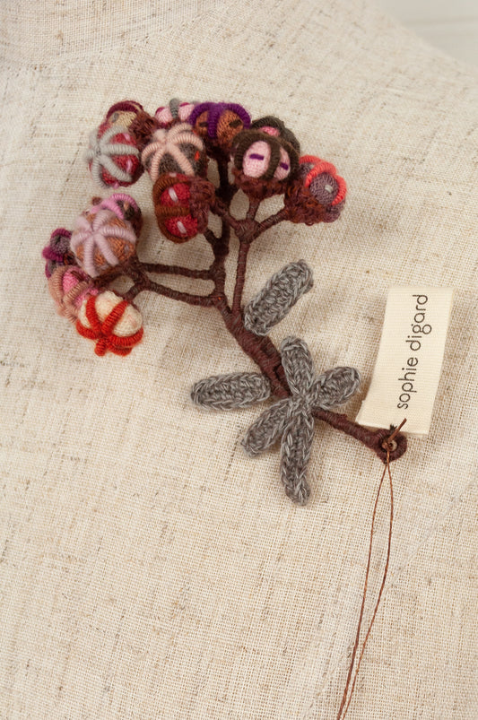 Sophie Digard hand crafted crocheted embroidered warm toned wool flower brooch 4262.