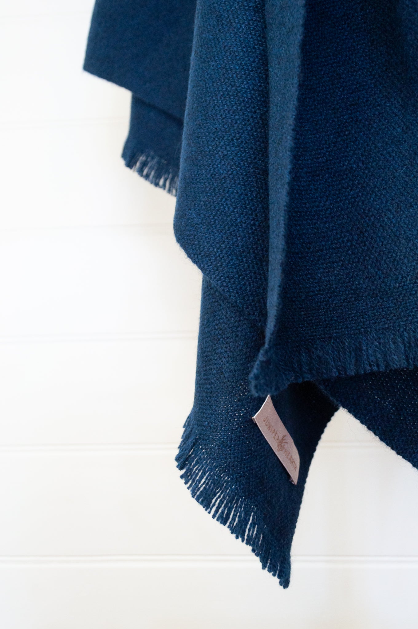 Juniper Hearth baby yak wool handwoven wrap or shawl with fringe on ends, in French navy blue, 100x200cm.